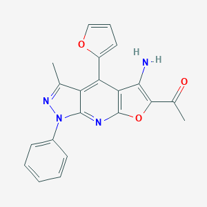 molecular formula C21H16N4O3 B292899 1-[10-Amino-8-(furan-2-yl)-6-methyl-4-phenyl-12-oxa-2,4,5-triazatricyclo[7.3.0.03,7]dodeca-1(9),2,5,7,10-pentaen-11-yl]ethanone 