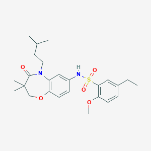 molecular formula C25H34N2O5S B2928998 5-乙基-N-(5-异戊基-3,3-二甲基-4-氧代-2,3,4,5-四氢苯并[b][1,4]恶杂环庚-7-基)-2-甲氧基苯磺酰胺 CAS No. 921916-84-9