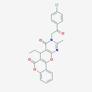 molecular formula C25H19ClN2O5 B292905 9-[2-(4-chlorophenyl)-2-oxoethyl]-7-ethyl-10-methyl-7,9-dihydro-6H,8H-chromeno[3',4':5,6]pyrano[2,3-d]pyrimidine-6,8-dione 