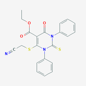 molecular formula C21H17N3O3S2 B292908 Ethyl 6-((cyanomethyl)thio)-4-oxo-1,3-diphenyl-2-thioxo-1,2,3,4-tetrahydro-5-pyrimidinecarboxylate 
