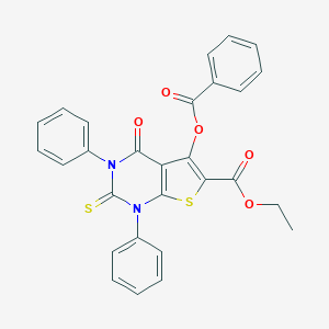 molecular formula C28H20N2O5S2 B292909 Ethyl 5-(benzoyloxy)-4-oxo-1,3-diphenyl-2-thioxo-1,2,3,4-tetrahydrothieno[2,3-d]pyrimidine-6-carboxylate 