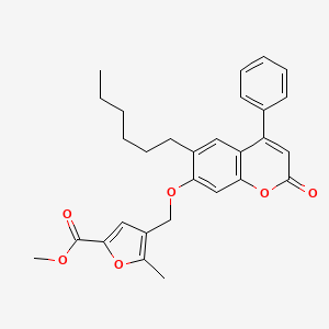 molecular formula C29H30O6 B2929096 Methyl 4-[(6-hexyl-2-oxo-4-phenylchromen-7-yl)oxymethyl]-5-methylfuran-2-carboxylate CAS No. 405916-96-3