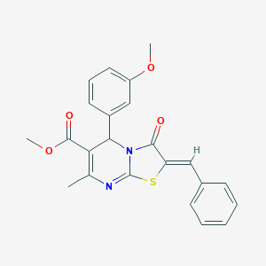 molecular formula C23H20N2O4S B292911 2,3-Dihydro-2-benzylidene-3-oxo-5-(3-methoxyphenyl)-7-methyl-5H-thiazolo[3,2-a]pyrimidine-6-carboxylic acid methyl ester 