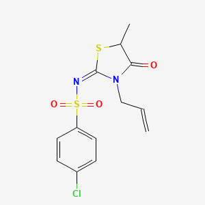 molecular formula C13H13ClN2O3S2 B2929141 (E)-N-(3-allyl-5-methyl-4-oxothiazolidin-2-ylidene)-4-chlorobenzenesulfonamide CAS No. 627470-68-2