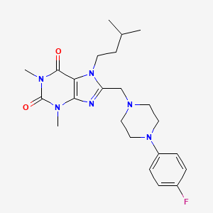 molecular formula C23H31FN6O2 B2929144 8-[[4-(4-Fluorophenyl)piperazin-1-yl]methyl]-1,3-dimethyl-7-(3-methylbutyl)purine-2,6-dione CAS No. 851941-91-8