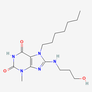molecular formula C16H27N5O3 B2929207 7-heptyl-8-((3-hydroxypropyl)amino)-3-methyl-1H-purine-2,6(3H,7H)-dione CAS No. 476294-49-2