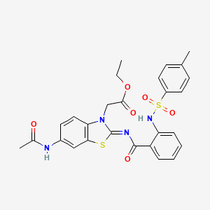 molecular formula C27H26N4O6S2 B2929222 Ethyl 2-[6-acetamido-2-[2-[(4-methylphenyl)sulfonylamino]benzoyl]imino-1,3-benzothiazol-3-yl]acetate CAS No. 865248-57-3