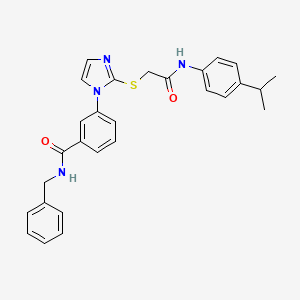 molecular formula C28H28N4O2S B2929243 N-苄基-3-(2-((2-((4-异丙苯基)氨基)-2-氧代乙基)硫代)-1H-咪唑-1-基)苯甲酰胺 CAS No. 1115439-85-4