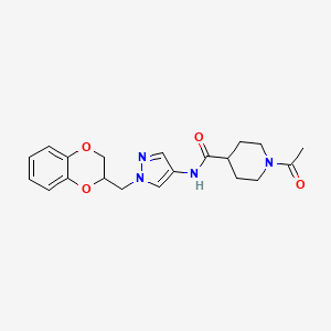 molecular formula C20H24N4O4 B2929247 1-乙酰基-N-(1-((2,3-二氢苯并[b][1,4]二氧杂环-2-基)甲基)-1H-吡唑-4-基)哌啶-4-甲酰胺 CAS No. 1798542-66-1