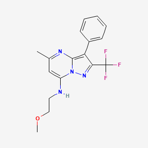 molecular formula C17H17F3N4O B2929309 N-(2-methoxyethyl)-5-methyl-3-phenyl-2-(trifluoromethyl)pyrazolo[1,5-a]pyrimidin-7-amine CAS No. 900286-99-9