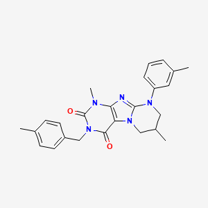 molecular formula C25H27N5O2 B2929364 1,7-dimethyl-9-(3-methylphenyl)-3-[(4-methylphenyl)methyl]-7,8-dihydro-6H-purino[7,8-a]pyrimidine-2,4-dione CAS No. 845638-24-6