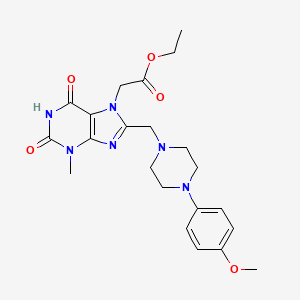 molecular formula C22H28N6O5 B2929371 ethyl 2-(8-((4-(4-methoxyphenyl)piperazin-1-yl)methyl)-3-methyl-2,6-dioxo-2,3-dihydro-1H-purin-7(6H)-yl)acetate CAS No. 847409-44-3