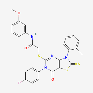 2-[[6-(4-fluorophenyl)-3-(2-methylphenyl)-7-oxo-2-sulfanylidene-[1,3]thiazolo[4,5-d]pyrimidin-5-yl]sulfanyl]-N-(3-methoxyphenyl)acetamide