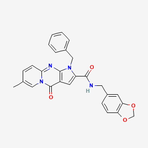 molecular formula C27H22N4O4 B2929448 N-[(2H-1,3-benzodioxol-5-yl)methyl]-6-benzyl-12-methyl-2-oxo-1,6,8-triazatricyclo[7.4.0.0^{3,7}]trideca-3(7),4,8,10,12-pentaene-5-carboxamide CAS No. 900893-44-9