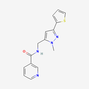 molecular formula C15H14N4OS B2929494 N-[(2-Methyl-5-thiophen-2-ylpyrazol-3-yl)methyl]pyridine-3-carboxamide CAS No. 2309589-07-7