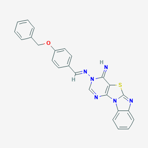 molecular formula C25H18N6OS B292953 5-[(E)-(4-phenylmethoxyphenyl)methylideneamino]-8-thia-1,3,5,10-tetrazatetracyclo[7.7.0.02,7.011,16]hexadeca-2(7),3,9,11,13,15-hexaen-6-imine 