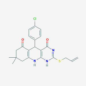 molecular formula C22H22ClN3O2S B292956 5-(4-chlorophenyl)-8,8-dimethyl-2-prop-2-enylsulfanyl-5,7,9,10-tetrahydro-1H-pyrimido[4,5-b]quinoline-4,6-dione 