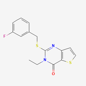molecular formula C15H13FN2OS2 B2929575 3-ethyl-2-((3-fluorobenzyl)thio)thieno[3,2-d]pyrimidin-4(3H)-one CAS No. 1089618-38-1
