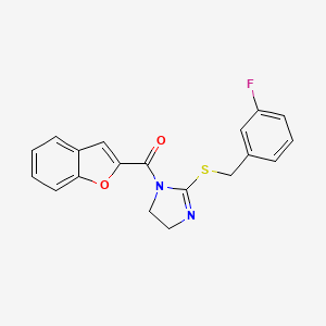 molecular formula C19H15FN2O2S B2929576 benzofuran-2-yl(2-((3-fluorobenzyl)thio)-4,5-dihydro-1H-imidazol-1-yl)methanone CAS No. 851865-46-8