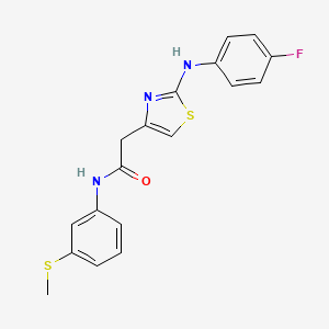 molecular formula C18H16FN3OS2 B2929588 2-(2-((4-fluorophenyl)amino)thiazol-4-yl)-N-(3-(methylthio)phenyl)acetamide CAS No. 1105217-58-0