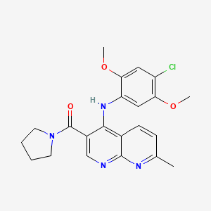 molecular formula C22H23ClN4O3 B2929609 (4-((4-Chloro-2,5-dimethoxyphenyl)amino)-7-methyl-1,8-naphthyridin-3-yl)(pyrrolidin-1-yl)methanone CAS No. 1251626-54-6