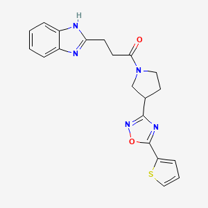 molecular formula C20H19N5O2S B2929667 3-(1H-benzo[d]imidazol-2-yl)-1-(3-(5-(thiophen-2-yl)-1,2,4-oxadiazol-3-yl)pyrrolidin-1-yl)propan-1-one CAS No. 2034320-16-4