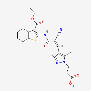 molecular formula C23H26N4O5S B2929680 3-[4-[(Z)-2-cyano-3-[(3-ethoxycarbonyl-4,5,6,7-tetrahydro-1-benzothiophen-2-yl)amino]-3-oxoprop-1-enyl]-3,5-dimethylpyrazol-1-yl]propanoic acid CAS No. 1259231-27-0