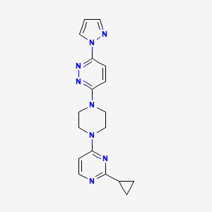 molecular formula C18H20N8 B2929768 2-Cyclopropyl-4-[4-(6-pyrazol-1-ylpyridazin-3-yl)piperazin-1-yl]pyrimidine CAS No. 2415468-27-6