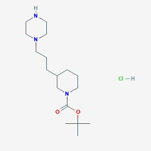 molecular formula C17H34ClN3O2 B2929814 叔丁基 3-(3-哌嗪-1-基丙基)哌啶-1-甲酸酯；盐酸盐 CAS No. 2580224-64-0