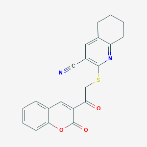 molecular formula C21H16N2O3S B2929824 2-((2-oxo-2-(2-oxo-2H-chromen-3-yl)ethyl)thio)-5,6,7,8-tetrahydroquinoline-3-carbonitrile CAS No. 370871-17-3