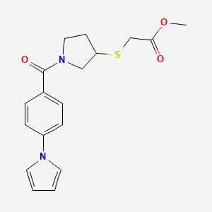 molecular formula C18H20N2O3S B2929830 methyl 2-((1-(4-(1H-pyrrol-1-yl)benzoyl)pyrrolidin-3-yl)thio)acetate CAS No. 2034527-73-4