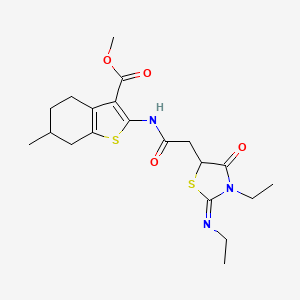 molecular formula C20H27N3O4S2 B2929845 (E)-methyl 2-(2-(3-ethyl-2-(ethylimino)-4-oxothiazolidin-5-yl)acetamido)-6-methyl-4,5,6,7-tetrahydrobenzo[b]thiophene-3-carboxylate CAS No. 691377-81-8