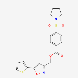 molecular formula C19H18N2O5S2 B2929906 (5-(Thiophen-2-yl)isoxazol-3-yl)methyl 4-(pyrrolidin-1-ylsulfonyl)benzoate CAS No. 879623-39-9