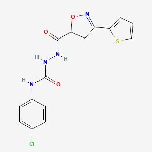 molecular formula C15H13ClN4O3S B2929921 N-(4-chlorophenyl)-2-{[3-(2-thienyl)-4,5-dihydro-5-isoxazolyl]carbonyl}-1-hydrazinecarboxamide CAS No. 478259-23-3