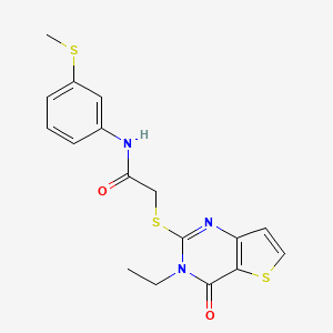 molecular formula C17H17N3O2S3 B2929929 2-((3-ethyl-4-oxo-3,4-dihydrothieno[3,2-d]pyrimidin-2-yl)thio)-N-(3-(methylthio)phenyl)acetamide CAS No. 1252842-70-8