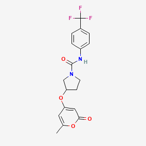 molecular formula C18H17F3N2O4 B2929995 3-((6-methyl-2-oxo-2H-pyran-4-yl)oxy)-N-(4-(trifluoromethyl)phenyl)pyrrolidine-1-carboxamide CAS No. 1798512-94-3