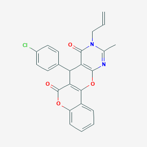 molecular formula C24H17ClN2O4 B293001 11-(4-Chlorophenyl)-15-methyl-14-prop-2-enyl-8,18-dioxa-14,16-diazatetracyclo[8.8.0.02,7.012,17]octadeca-1(10),2,4,6,12(17),15-hexaene-9,13-dione 