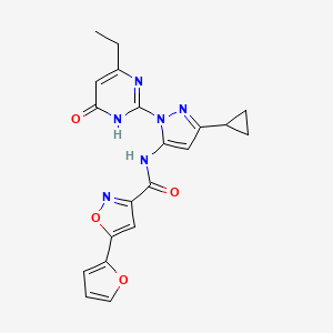 molecular formula C20H18N6O4 B2930033 N-(3-cyclopropyl-1-(4-ethyl-6-oxo-1,6-dihydropyrimidin-2-yl)-1H-pyrazol-5-yl)-5-(furan-2-yl)isoxazole-3-carboxamide CAS No. 1207043-32-0