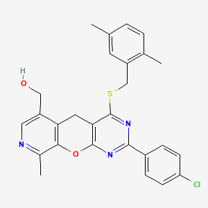 [5-(4-Chlorophenyl)-7-{[(2,5-dimethylphenyl)methyl]sulfanyl}-14-methyl-2-oxa-4,6,13-triazatricyclo[8.4.0.0^{3,8}]tetradeca-1(10),3(8),4,6,11,13-hexaen-11-yl]methanol