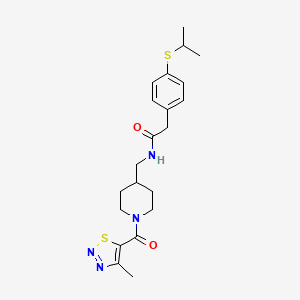 molecular formula C21H28N4O2S2 B2930108 2-(4-(isopropylthio)phenyl)-N-((1-(4-methyl-1,2,3-thiadiazole-5-carbonyl)piperidin-4-yl)methyl)acetamide CAS No. 1235324-51-2