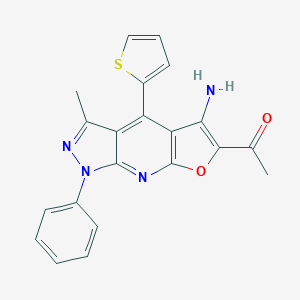 molecular formula C21H16N4O2S B293016 1-(10-Amino-6-methyl-4-phenyl-8-thiophen-2-yl-12-oxa-2,4,5-triazatricyclo[7.3.0.03,7]dodeca-1(9),2,5,7,10-pentaen-11-yl)ethanone 