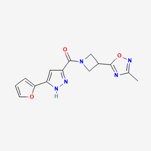 molecular formula C14H13N5O3 B2930180 (3-(furan-2-yl)-1H-pyrazol-5-yl)(3-(3-methyl-1,2,4-oxadiazol-5-yl)azetidin-1-yl)methanone CAS No. 1322749-54-1