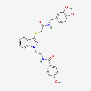 molecular formula C28H27N3O5S B2930196 N-(2-(3-((2-((benzo[d][1,3]dioxol-5-ylmethyl)amino)-2-oxoethyl)thio)-1H-indol-1-yl)ethyl)-4-methoxybenzamide CAS No. 851412-89-0