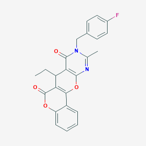 molecular formula C24H19FN2O4 B293021 7-ethyl-9-(4-fluorobenzyl)-10-methyl-7,9-dihydro-6H,8H-chromeno[3',4':5,6]pyrano[2,3-d]pyrimidine-6,8-dione 
