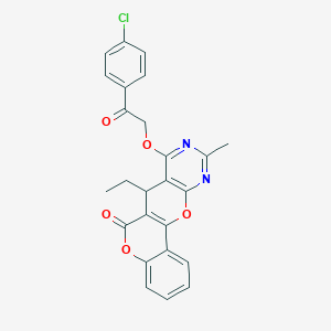 molecular formula C25H19ClN2O5 B293022 13-[2-(4-Chlorophenyl)-2-oxoethoxy]-11-ethyl-15-methyl-8,18-dioxa-14,16-diazatetracyclo[8.8.0.02,7.012,17]octadeca-1(10),2,4,6,12(17),13,15-heptaen-9-one 