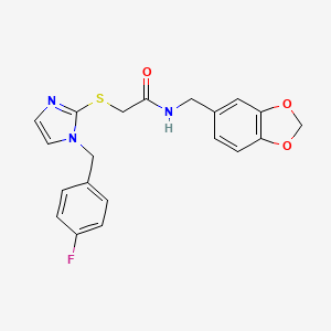 molecular formula C20H18FN3O3S B2930235 N-(1,3-benzodioxol-5-ylmethyl)-2-[1-[(4-fluorophenyl)methyl]imidazol-2-yl]sulfanylacetamide CAS No. 869346-18-9