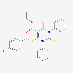 molecular formula C26H21FN2O3S2 B293027 Ethyl 6-[(4-fluorobenzyl)sulfanyl]-4-oxo-1,3-diphenyl-2-thioxo-1,2,3,4-tetrahydro-5-pyrimidinecarboxylate 