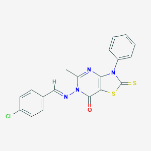 molecular formula C19H13ClN4OS2 B293032 6-[(4-chlorobenzylidene)amino]-5-methyl-3-phenyl-2-thioxo-2,3-dihydro[1,3]thiazolo[4,5-d]pyrimidin-7(6H)-one 