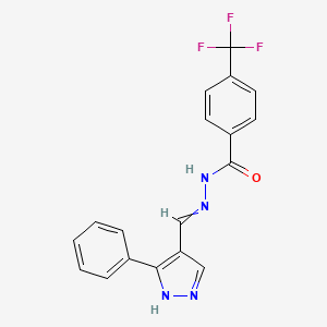 molecular formula C18H13F3N4O B2930348 N'-[(E)-(3-苯基-1H-吡唑-4-基)亚甲基]-4-(三氟甲基)苯甲酰肼 CAS No. 477710-90-0