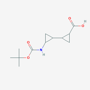 molecular formula C12H19NO4 B2930386 2-[2-[(2-Methylpropan-2-yl)oxycarbonylamino]cyclopropyl]cyclopropane-1-carboxylic acid CAS No. 2361742-52-9